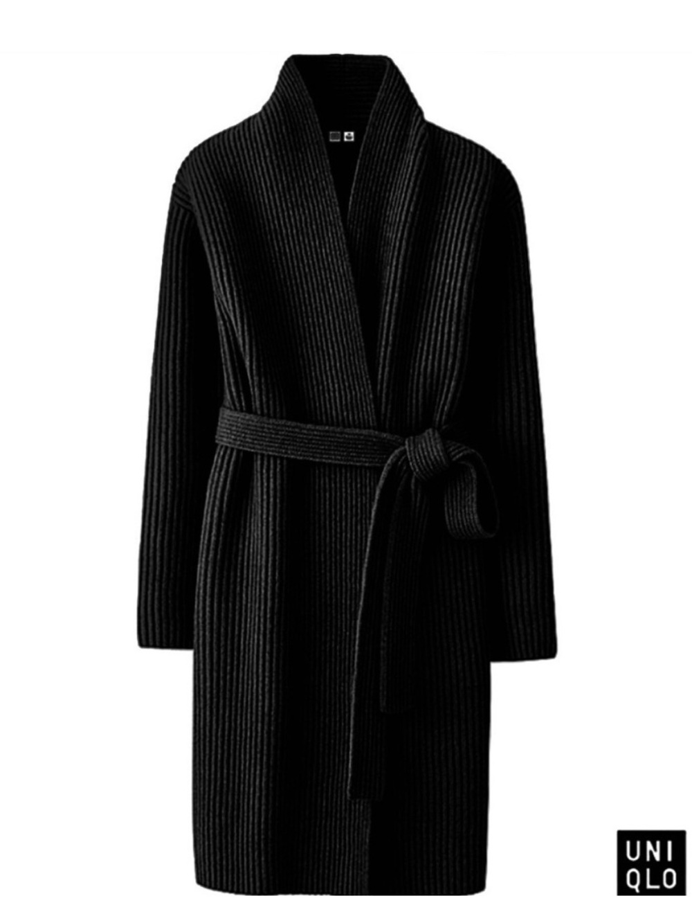 UNIQLO U Black Ribbed Shawl-Collar Belted 100% Wool Long Cardigan Coat  M